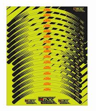 JEU STICKERS JANTE STYLE JAUNE FLUO  KTM SX/EXC/690 ENDURO/R/ 790/890 ADVENTURE/ R/ R RALLY/ 1050/1090/1190 ADVENTURE R/ 1290 SUPER ADVENTURE R